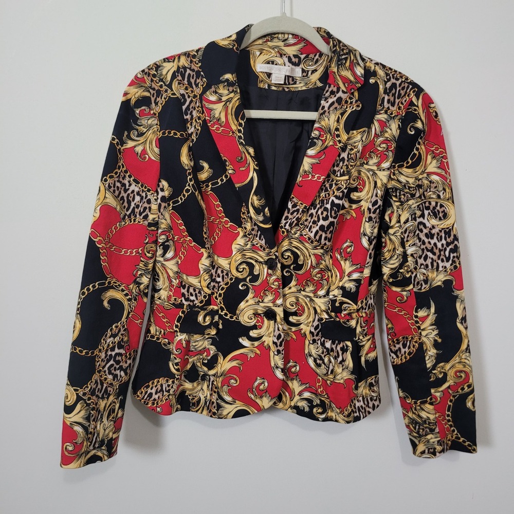 Boston Proper Size 8 Blazer Women Red Baroque Leopard Chain Print Jacket